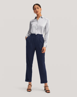 Women Tucked Tapered Silk Pants (Navy Blue / 2)