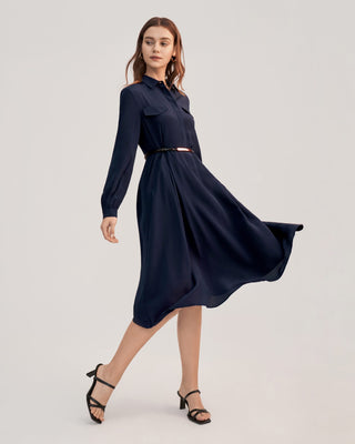 Women's Long Sleeve Retro Graceful Silk Dress (Navy Blue / XS)