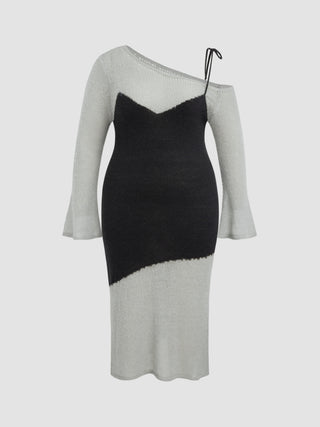 Wool-blend Asymmetrical Neck Solid Bell Sleeve Knitted Maxi Dress Curve & Plus