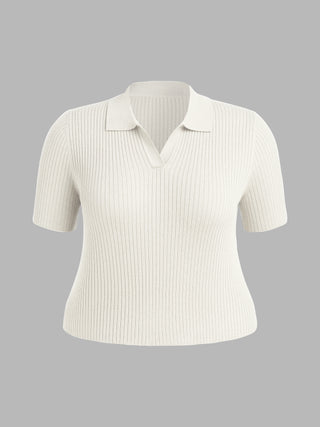 Wool-blend Collar Knit Short Sleeve Top Curve & Plus