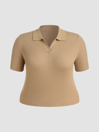 Wool-blend Collar Knit Short Sleeve Top Curve & Plus