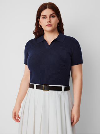 Wool-blend Collar Knit Short Sleeve Top Curve & Plus