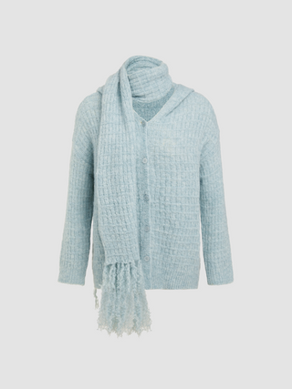 Wool-blend Hooded Button Cardigan With Scarf (XL / Pale Green)