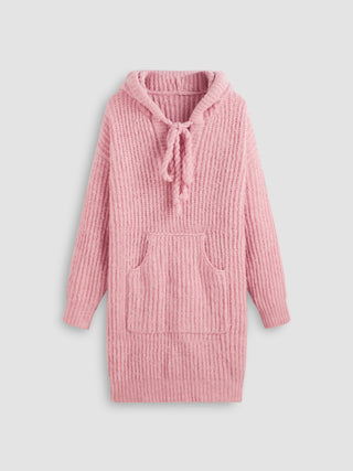 Wool-blend Hooded Solid Pocket Knitted Mini Dress