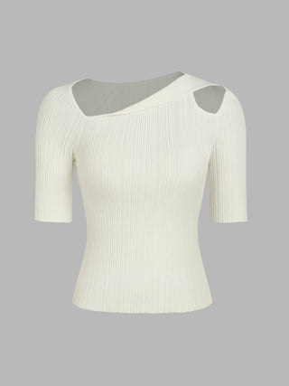 Wool-blend Knit Asymmetrical Cut Out Short Sleeve Top