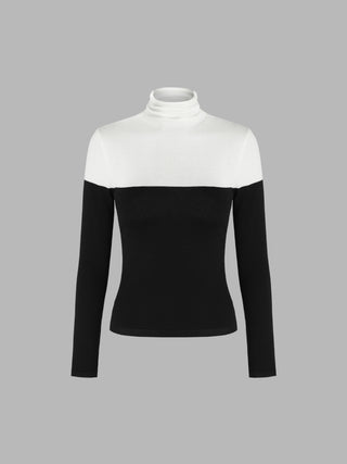 Wool-blend Knit High Neck Contrast Color Long Sleeve Top