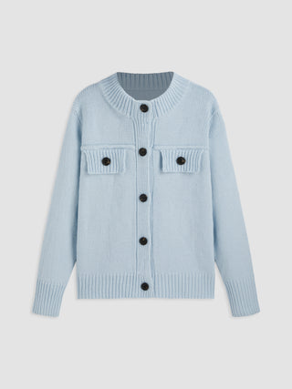 Wool-blend Knit Round Neck Button Solid Cardigan