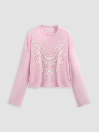 Wool-blend Knit Round Neckline Butterfly Graphic Long Sleeve Top