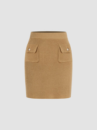 Wool-blend Knit Solid Pocket Mini Skirt