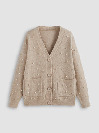 Wool-blend Knit V Neck Faux Pearl Solid Cardigan