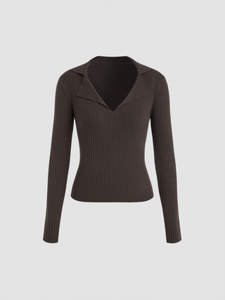 Wool-blend Knit V-neck Long Sleeve Top