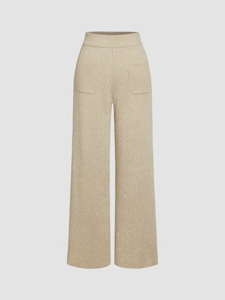 Wool-blend Metallic Mid Waist Pocket Wide Leg Knitted Trousers