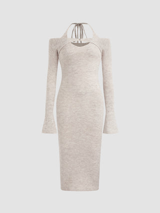 Wool-blend Off-shoulder Bell Sleeve Knitted Midi Dress