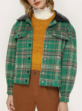 Wool-blend Plaid Faux Leather Patchy Jacket