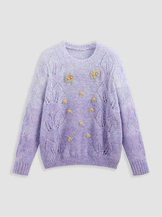 Wool-blend Round Neck Embroidery Floral Ombre Knit Sweater