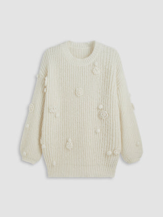 Wool-blend Round Neck Solid Rosette Knitted Sweater