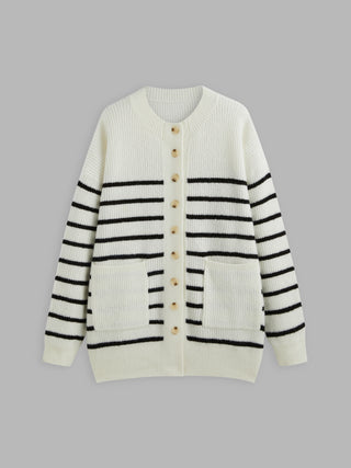 Wool-blend Round Neck Stripe Pocket Knitted Cardigan