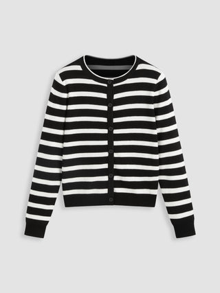 Wool-blend Round Neck Striped Button Cardigan