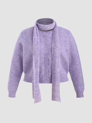 Wool-blend Round Neckline Knitted Cardigan With Scarf Curve & Plus