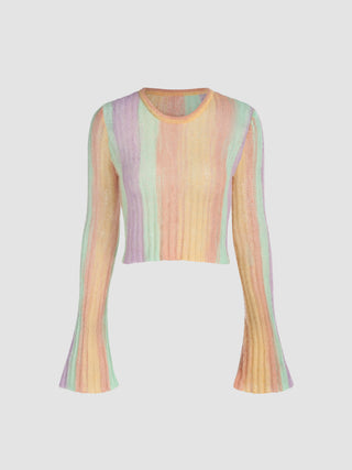 Wool-blend Round Neckline Rainbow Knitted Bell Sleeve Top