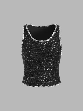 Wool-blend Sequin Contrasting Binding Knitted Crop Tank Top