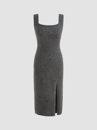 Wool-blend U-neckline Split Backless Knitted Midi Dress