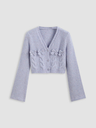 Wool-blend V-neck Bowknot Button Cardigan