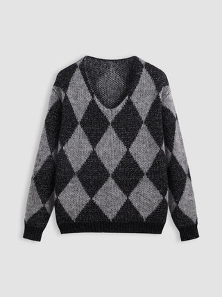 Wool-blend V-neck Geometric Knitted Long Sleeve Sweater Curve & Plus