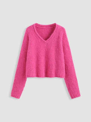 Wool-blend V-neck Knitted Long Sleeve Top