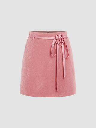 Wool-like Textured Mid Waist Rosette Bowknot Mini Skirt