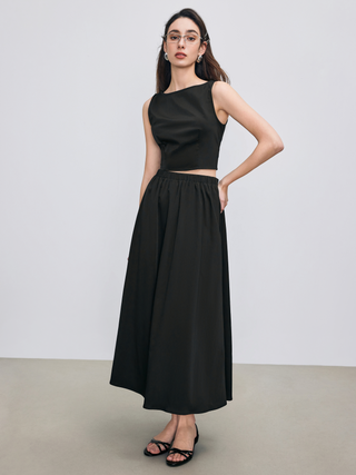 Woven Boat Neck Solid Crop Tank Top & High Rise Maxi Skirt