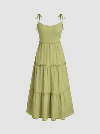 Woven Bowknot Tiered Ruffle Hem Solid Maxi Dress