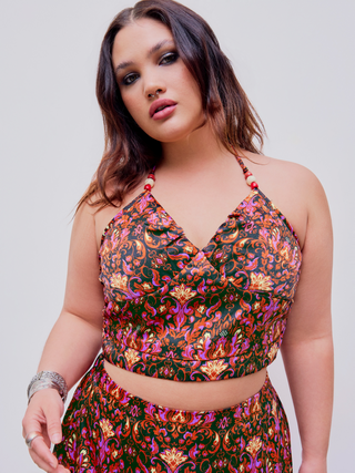 Woven Halter Beaded Floral Crop Top Curve & Plus