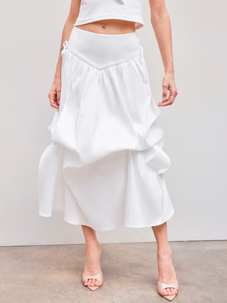 Woven High Rise Lace Up Ruched Maxi Skirt