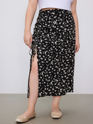 Woven Mid Rise Floral Drawstring Maxi Skirt Curve & Plus