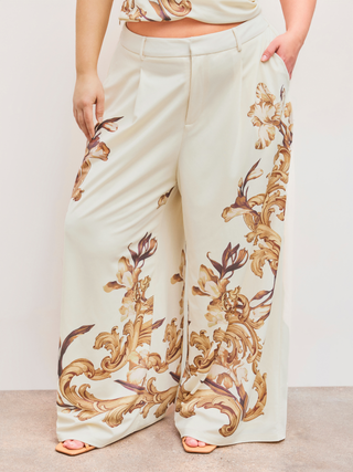 Woven Mid Rise Paisley Wide Leg Trousers Curve & Plus