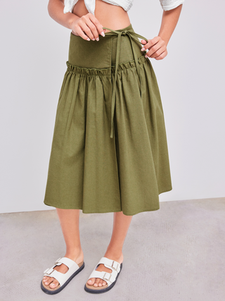 Woven Mid Rise Solid Knotted Ruffle Hem Midi Skirt