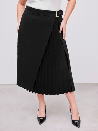 Woven Mid Rise Solid Split Pleated Midi Skirt Curve & Plus