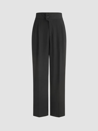 Woven Mid Waist Solid Pleated Tapered Trousers