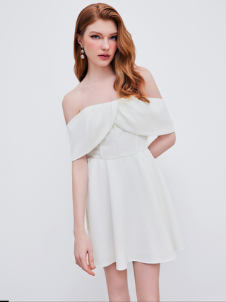 Woven Off-shoulder Corset Ruffle Hem Mini Dress