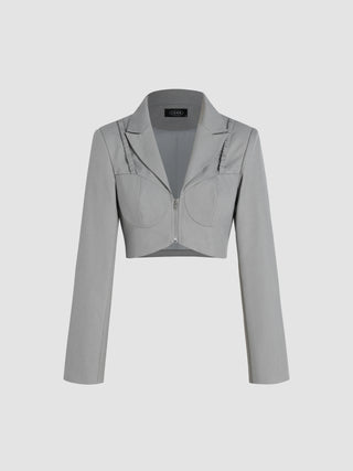 Woven Solid Zip Up Crop Blazer