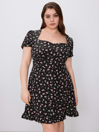 Woven Square Neck Floral Mini Dress Curve & Plus