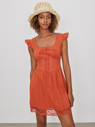 Woven Square Neck Lace Hem Mini Dress