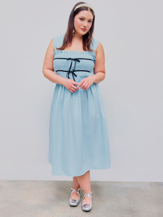 Woven Square Neck Ruched Bowknot Midi Dress Curve & Plus