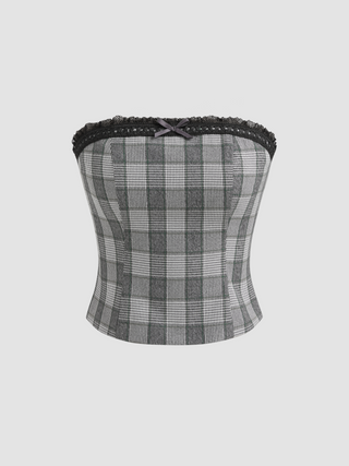 Woven Strapless Check Bowknot Tube Top