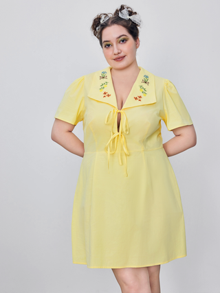 Woven V-neck Floral Lemon Embroidery Knotted Mini Dress Curve & Plus