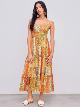 Woven V-neck Halter Floral Patchy Maxi Dress