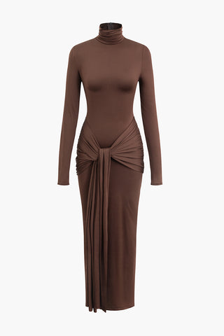 Wrap Ruched High Neck Long Sleeve Maxi Dress (L / COFFEE)