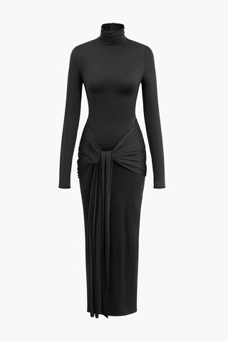 Wrap Ruched High Neck Long Sleeve Maxi Dress (XS / BLACK)