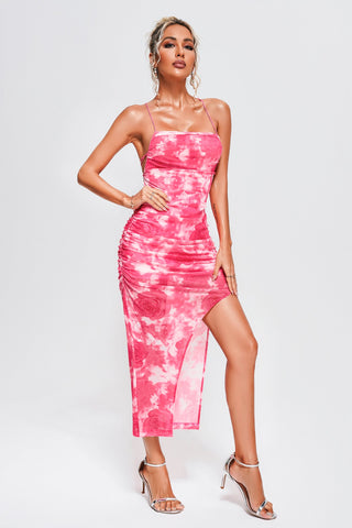 Yarrow Printed Mesh Midi Dress (L / Pink)